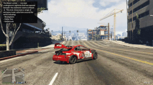 A Red Car Is Driving Down A Street With A Sign That Says " The Music Locker " On It GIF