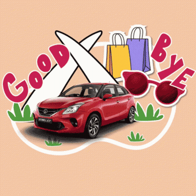 A Red Car Is Surrounded By Goodbye Stickers GIF