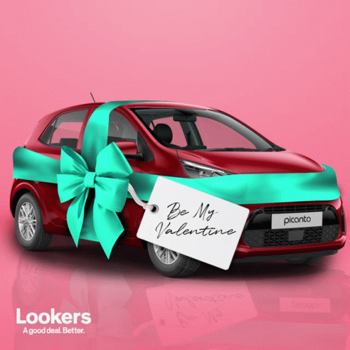 A Red Car With A Blue Bow And A Tag That Says " Do My Valentine " GIF