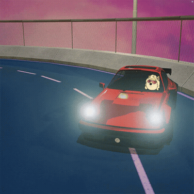 A Red Car With A Hedgehog In The Driver 'S Seat Driving Down A Road GIF