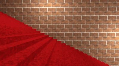 A Red Carpeted Staircase Leading Up To A Brick Wall GIF