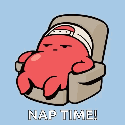 A Red Cartoon Character Is Sitting In A Chair With The Words Nap Time Written Below It GIF
