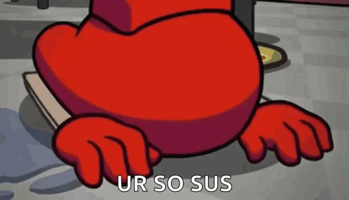 A Red Cartoon Character Is Sitting On The Floor With His Legs Crossed And A Phrase That Says `` Ur So Sus '' . GIF