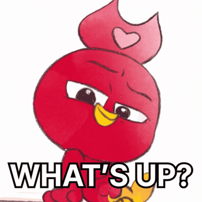 A Red Cartoon Character With A Heart On Its Head And The Words What 'S Up Below It GIF