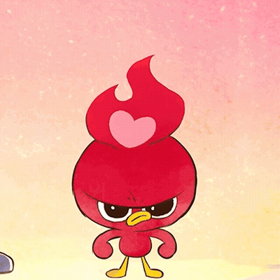 A Red Cartoon Character With A Heart Shaped Explosion Coming Out Of Its Head GIF
