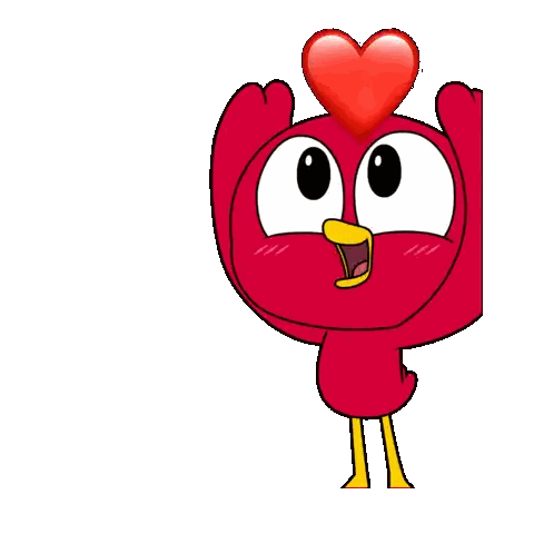 A Red Cartoon Character With A Yellow Beak Is Sitting Next To A Red Heart Sticker