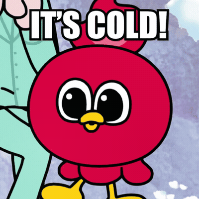 A Red Cartoon Character With The Words It 'S Cold Written On It GIF