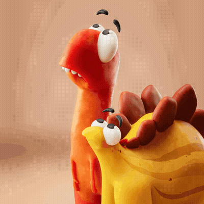 A Red Cartoon Dinosaur And A Yellow Cartoon Dinosaur Are Standing Next To Each Other With Their Mouths Open GIF
