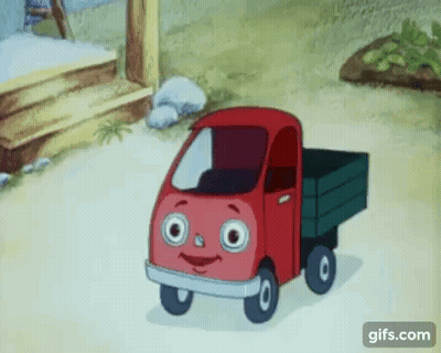 A Red Cartoon Truck With A Green Bed Is Smiling . GIF