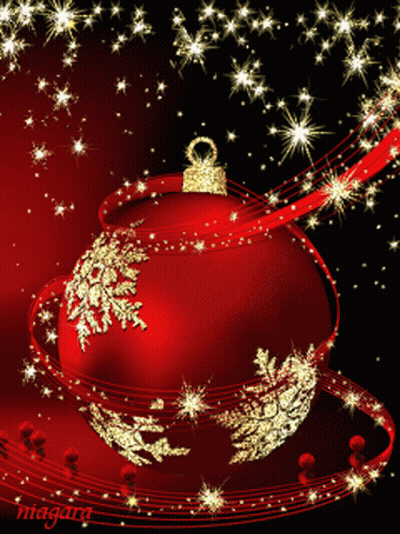 A Red Christmas Ornament Is Surrounded By Gold Snowflakes GIF