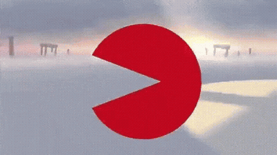 A Red Circle With A Slice Taken Out Of It And A Sunset In The Background GIF