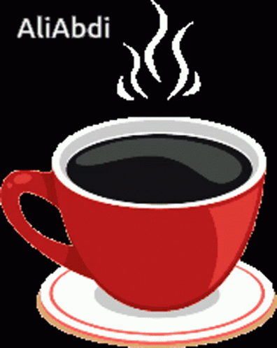 A Red Coffee Cup With Steam Coming Out Of It And The Name Aliabdi GIF