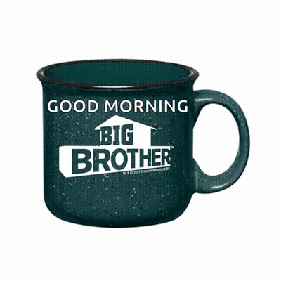A Red Coffee Mug That Says Good Morning Big Brother On It GIF
