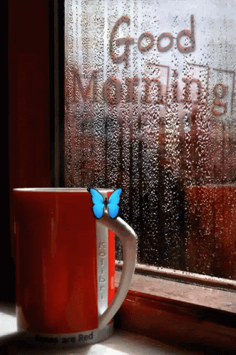 A Red Coffee Mug With A Blue Butterfly On It Sits In Front Of A Window That Says " Good Morning " GIF