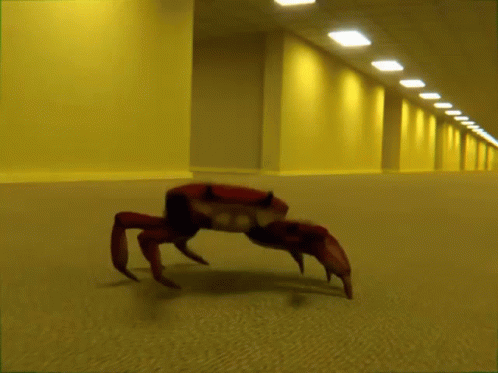 A Red Crab Is Crawling Down A Hallway With Yellow Walls GIF