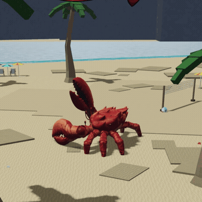 A Red Crab Is On A Sandy Beach With Palm Trees In The Background GIF