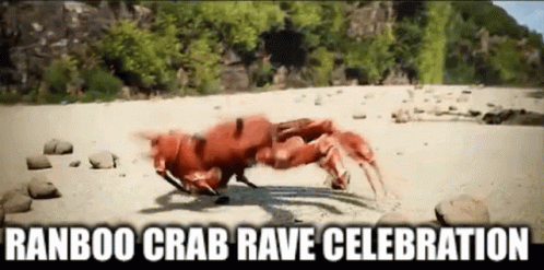 A Red Crab Is Running On A Sandy Beach With The Words " Ranboo Crab Rave Celebration " Above It GIF
