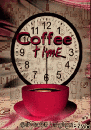 A Red Cup Of Coffee Sits On A Saucer Under A Clock That Says Coffee Time GIF