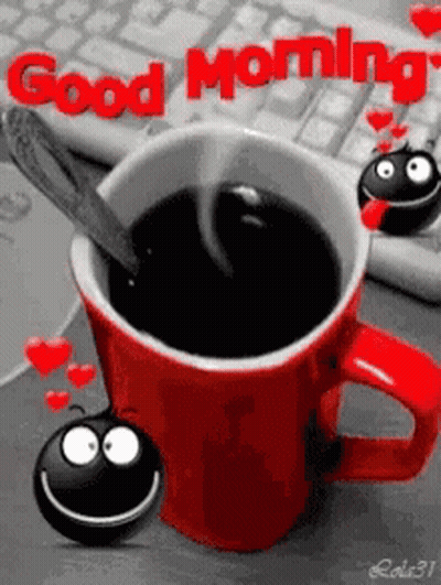 A Red Cup Of Coffee With A Spoon In It And The Words Good Morning Written On It GIF