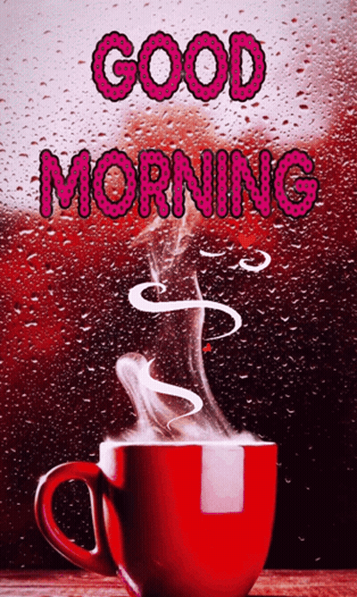A Red Cup Of Coffee With Smoke Coming Out Of It And The Words Good Morning GIF