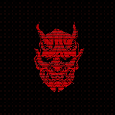A Red Demon Mask On A Black Background With Chinese Writing On It . GIF
