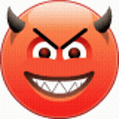 A Red Devil Smiley Face With Horns And Sharp Teeth On A White Background . GIF