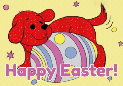 A Red Dog Is Laying On An Easter Egg With The Words Happy Easter Written Below It GIF
