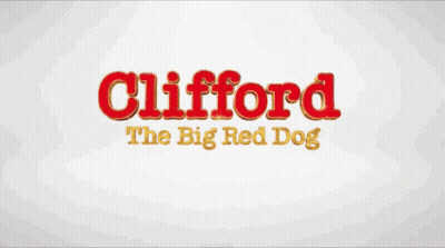 A Red Dog Standing In Front Of A Sign That Says Clifford Dogs GIF