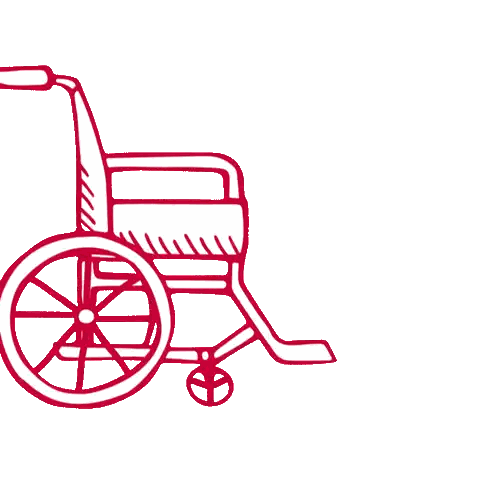 A Red Drawing Of A Wheelchair With A Large Wheel Sticker