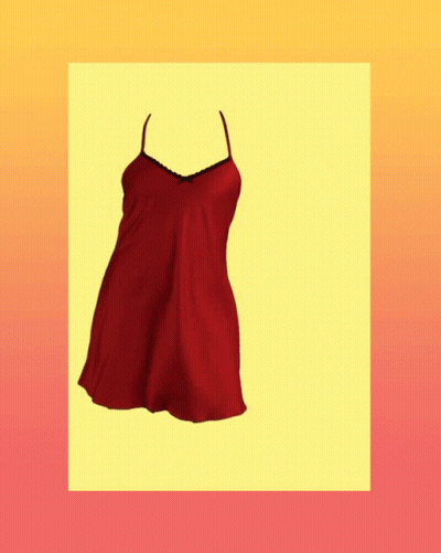 A Red Dress With Black Lace Trim Is On A Yellow Background GIF