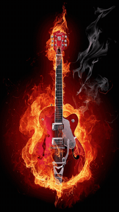 A Red Electric Guitar Is Surrounded By Fire And Smoke GIF