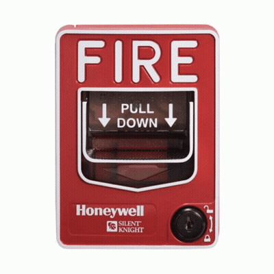 A Red Fire Alarm By Honeywell That Says Pull Down On It GIF