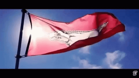 A Red Flag With A Horse On It Is Waving In The Wind Against A Blue Sky . GIF