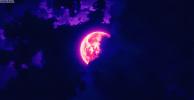 A Red Full Moon Is Surrounded By Purple Clouds In A Dark Sky GIF