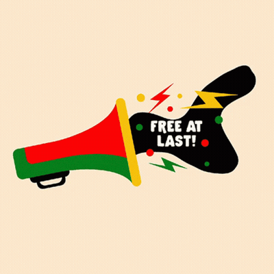 A Red Green And Yellow Megaphone With The Words Free At Last On It GIF