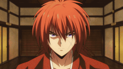 A Red Haired Anime Character With A Sword In His Mouth GIF