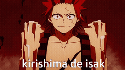 A Red Haired Anime Character With The Words Kirishima De Isak Written Below Him GIF