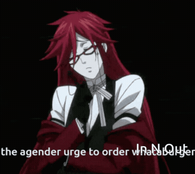 A Red Haired Anime Character With The Words " The Agener Urge To Order " On The Bottom GIF