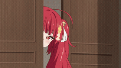A Red Haired Anime Girl Is Peeking Out From Behind A Door GIF