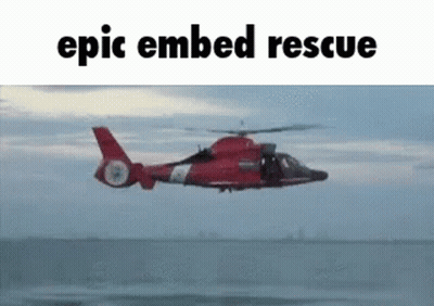 A Red Helicopter Is Flying Over The Ocean With The Words Epic Embedded Rescue Written Above It . GIF