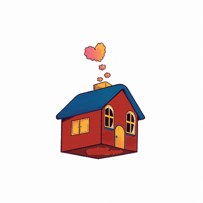 A Red House With A Blue Roof And Smoke Coming Out Of The Chimney GIF