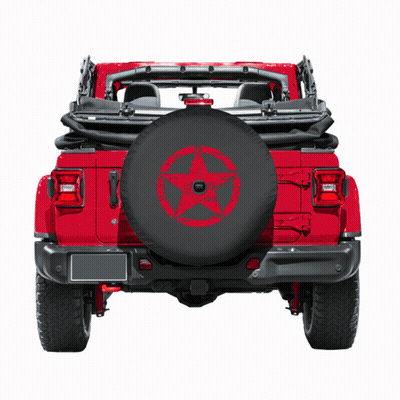 A Red Jeep With A Black Tire Cover With A Red Star In The Center GIF