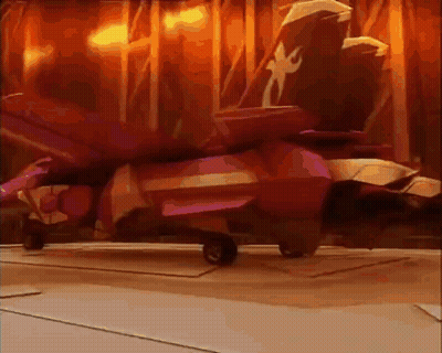 A Red Jet Is Sitting On A Runway In Front Of A Curtain . GIF