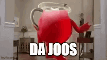 A Red Ketchup Bottle Is Dancing In A Living Room With The Words `` Da Joos '' Written On It . GIF