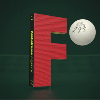 A Red Letter F With A White Ping Pong Ball On Top Of It GIF