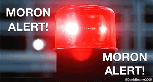 A Red Light With The Words Moron Alert Written Below It GIF
