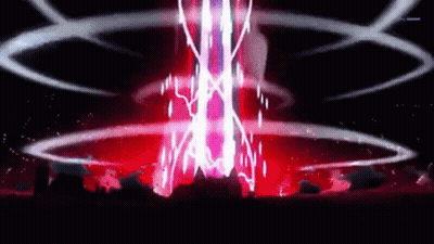 A Red Lightning Bolt Is Coming Out Of A Tower In The Dark . GIF