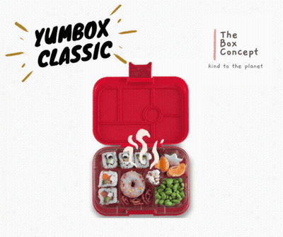A Red Lunch Box With The Words Yumbox Classic Written Above It GIF