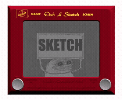 A Red Magic Etch A Sketch Screen Shows A Drawing Of A Frog Holding A Sign That Says Sketch GIF