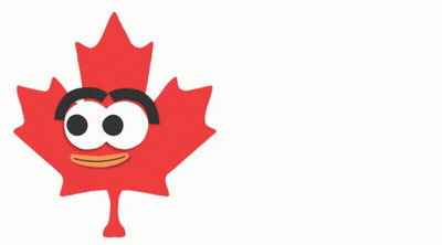 A Red Maple Leaf With A Face And A Speech Bubble That Says Happy Canada Eh GIF